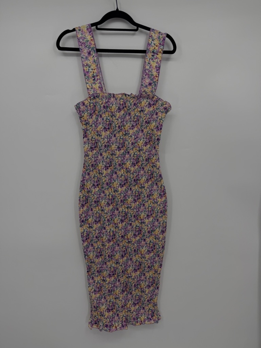 SNDYS Smocked Floral Midi Dress Stretch Bodycon Strappy NWT US 6